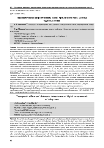 ТЕРАПЕВТИЧЕСКАЯ ЭФФЕКТИВНОСТЬ МАЗЕЙ ПРИ ЛЕЧЕНИИ ЯЗВЫ МЯКИША У ДОЙНЫХ КОРОВ