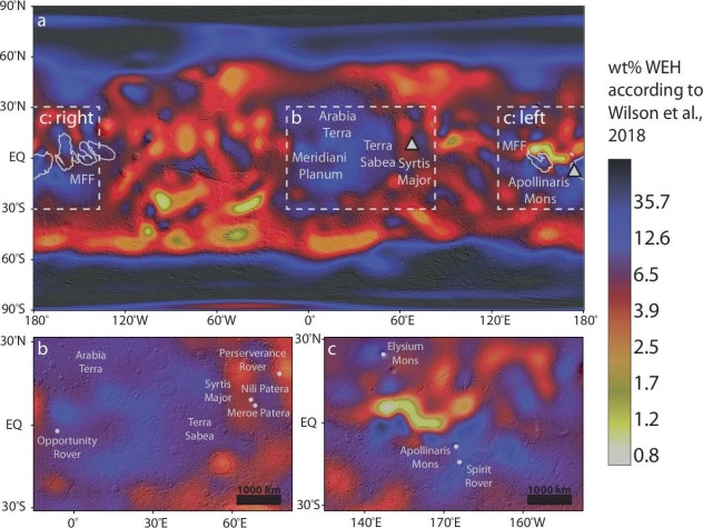 Древние вулканы доставили скрытый лед к экватору Марса